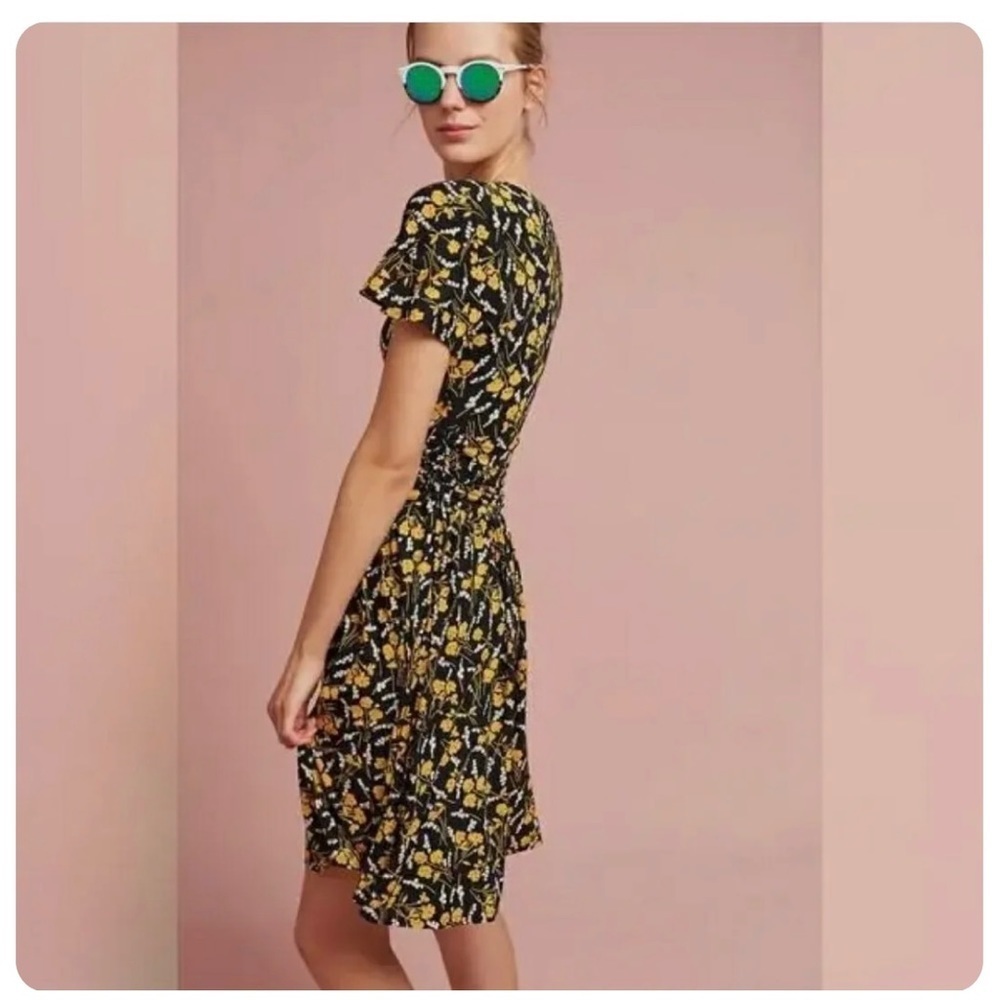 MAEVE "Summer Breeze" Brunch Casual Floral Blk/Yellow Ruched Flutter SLV Dress L